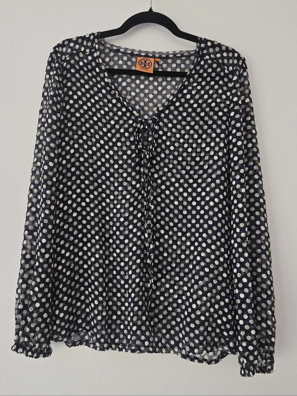 Tory Burch Navy and White Polka Dot Sheer Tie-Front Blouse